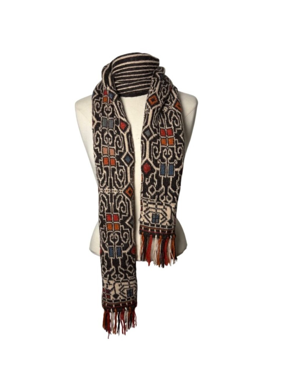 Intiwara Womens Alpaca Knit Scarf Aztec Print Brown Blue Double Layer Warm Boho - Picture 2 of 10